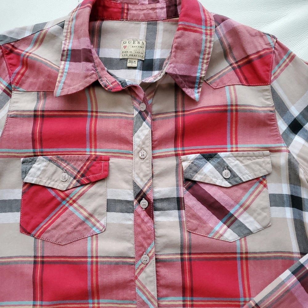 2/40$ Guess nice plaid pink button-down shirt - Picture 2 of 9